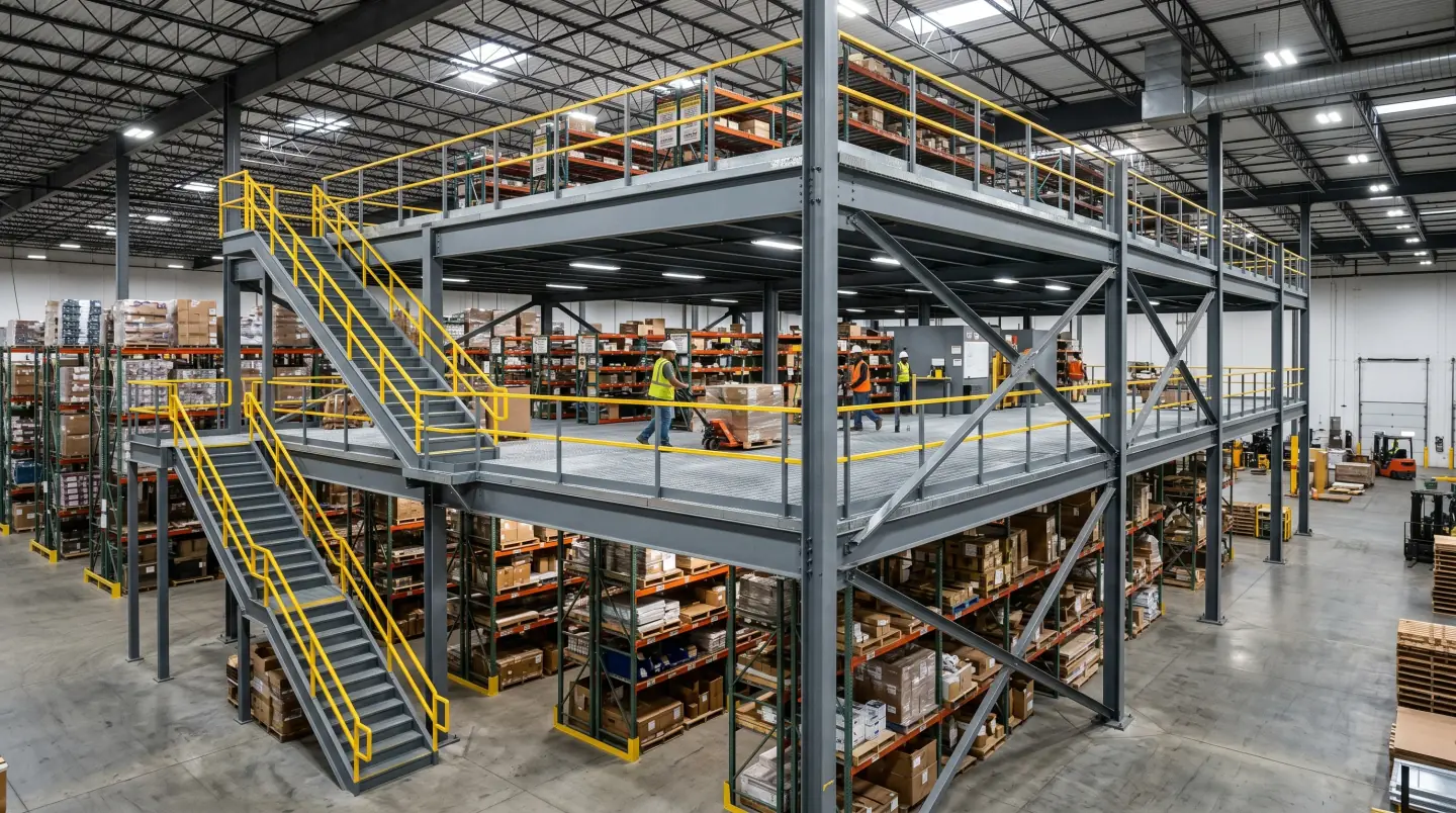 Structural steel mezzanine system installed in a Greater Houston warehouse