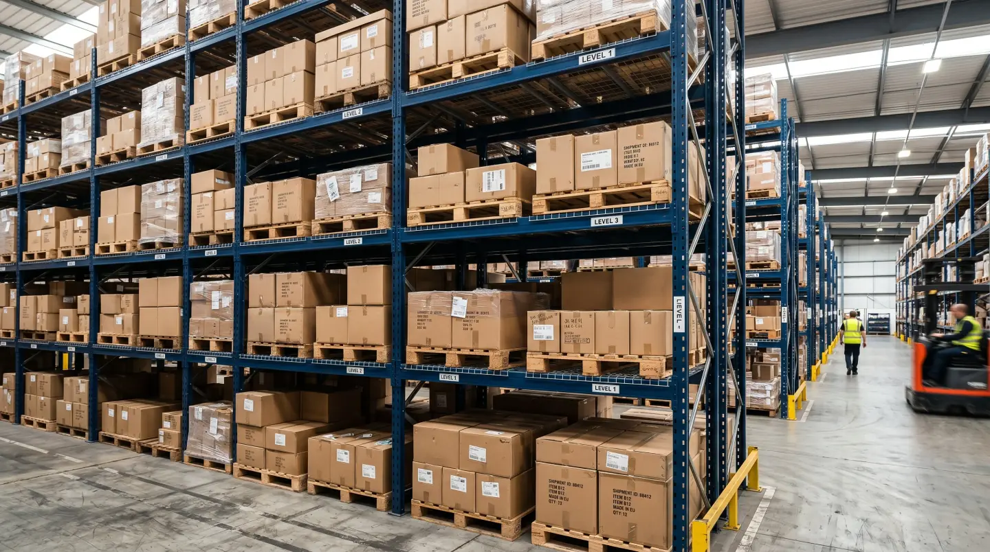 Surplus pallet racking being assessed for buyback in a Greater Houston warehouse