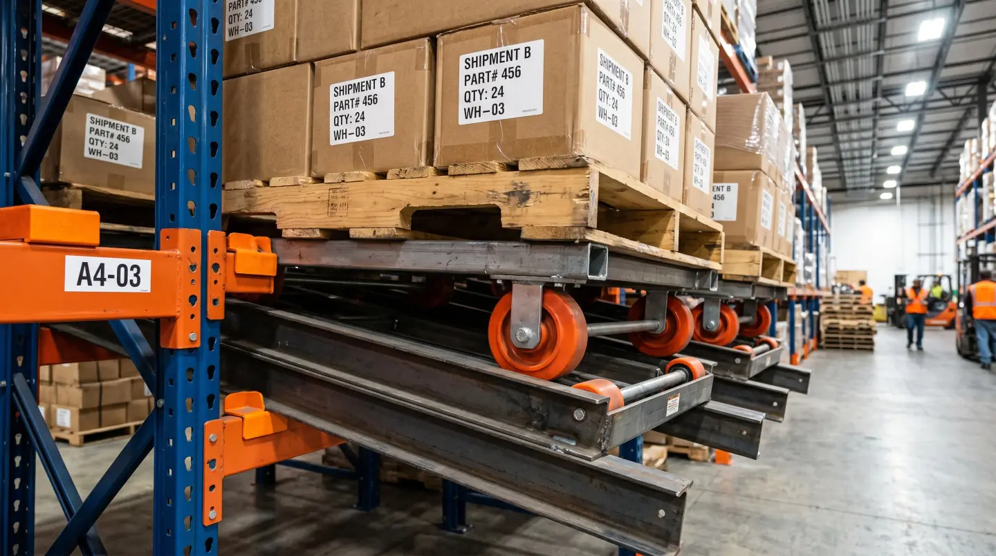 Pushback pallet rack system with nested carts and inclined rails in a Greater Houston warehouse